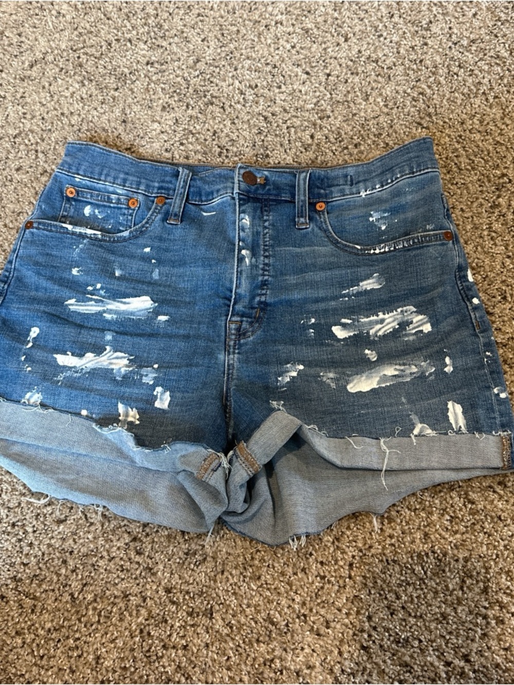 Madewell Blue Distressed Paint-Splatter Denim Shorts